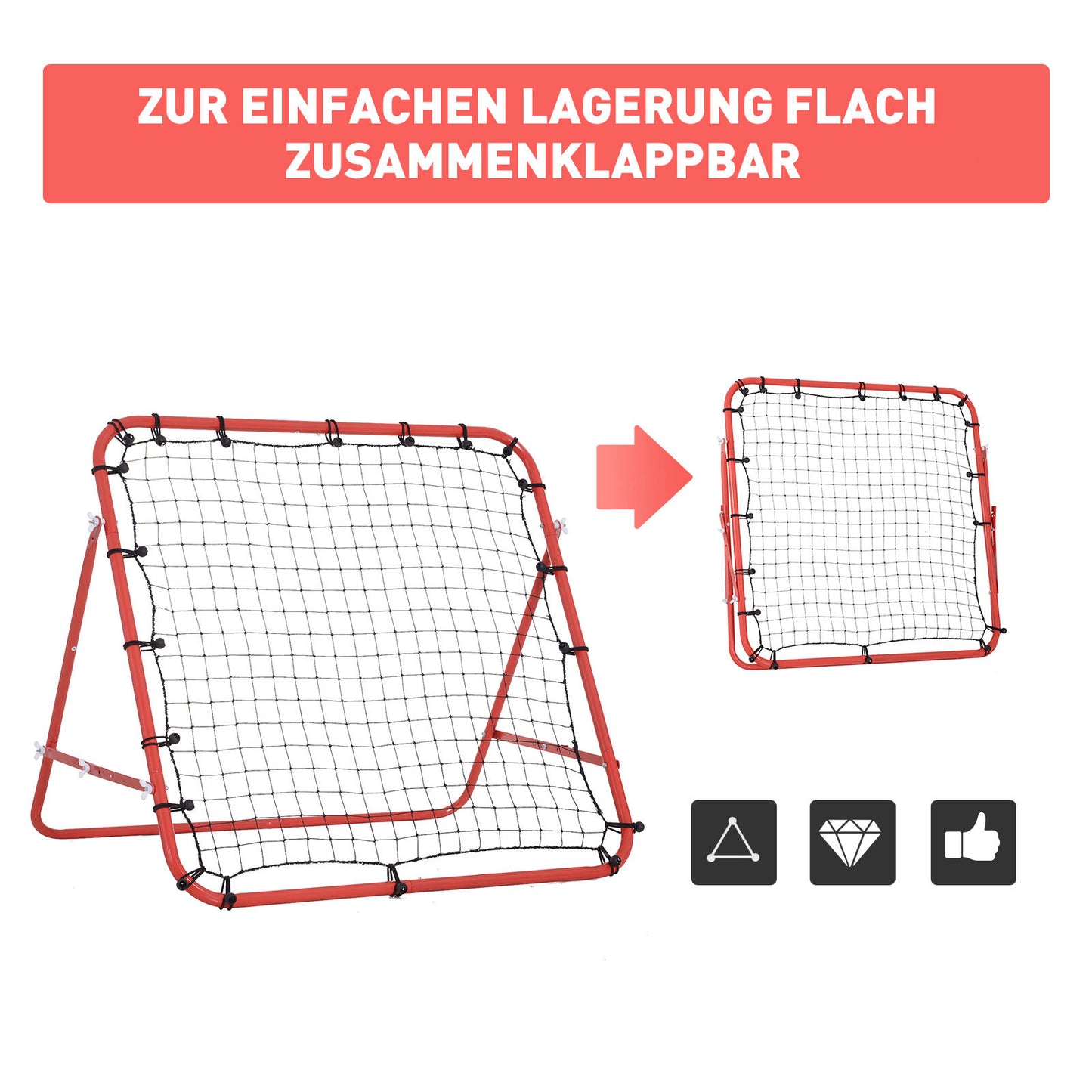 HOMCOM Rebounder für Fußball, 84 x 84 cm Fussball Rebounder mit stufenlos verstellbarem Winkel, Kickback Rückprallwand Fußballtor für Jugendliche Schuss-, Pass- und Ballannahmetraining Rot