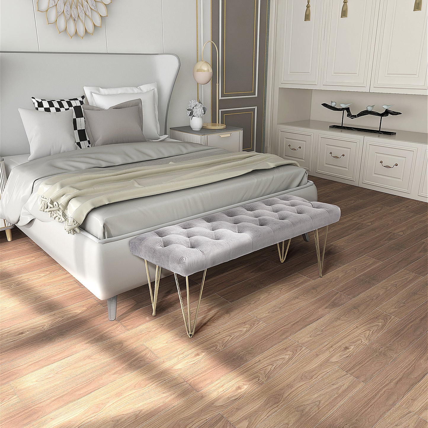 HOMCOM Sitzbank Polsterbank Pianobank Schuhbank mit Samtoptik Bettbank Klavierbank für Schlafzimmer, Wohnzimmer, Flur, Metall Grau 116 x 44,5 x 49 cm