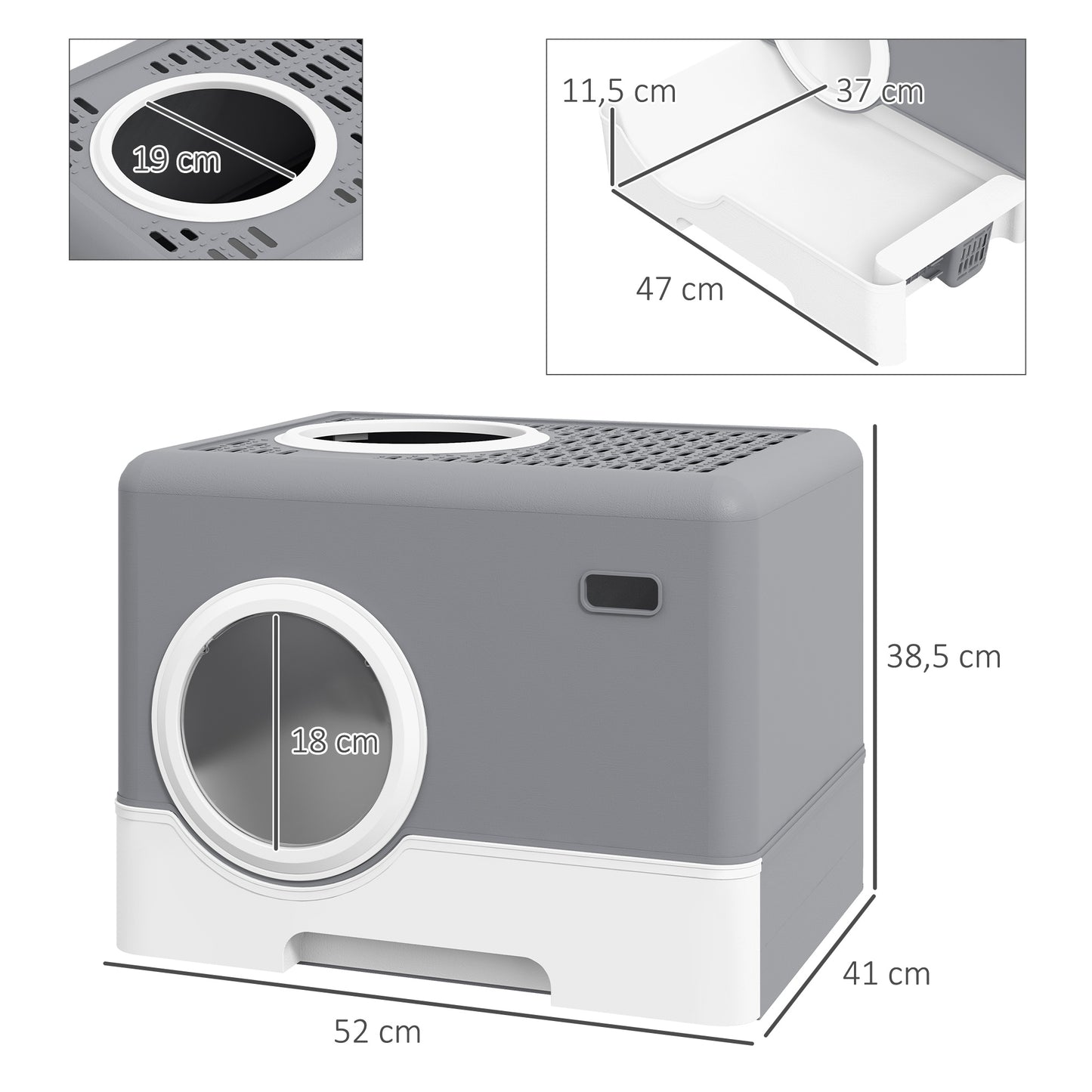 PawHut Katzentoilette Katzenklo, 2 Ausgänge, herausnehmbare Bodenwanne, 52 x 41 x 38, 5 cm, Grau