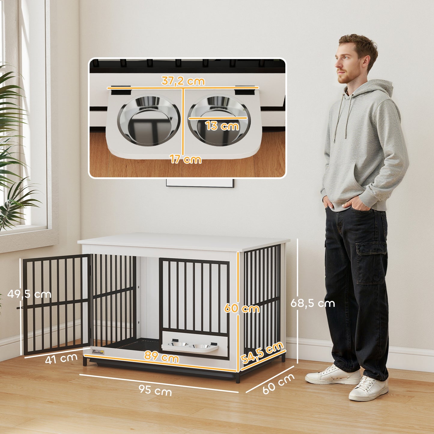PawHut Große Hundebox, einfacher Zugang, verschließbar, drehbarer Schüsselhalter, för små och stora Hunde, Weiß