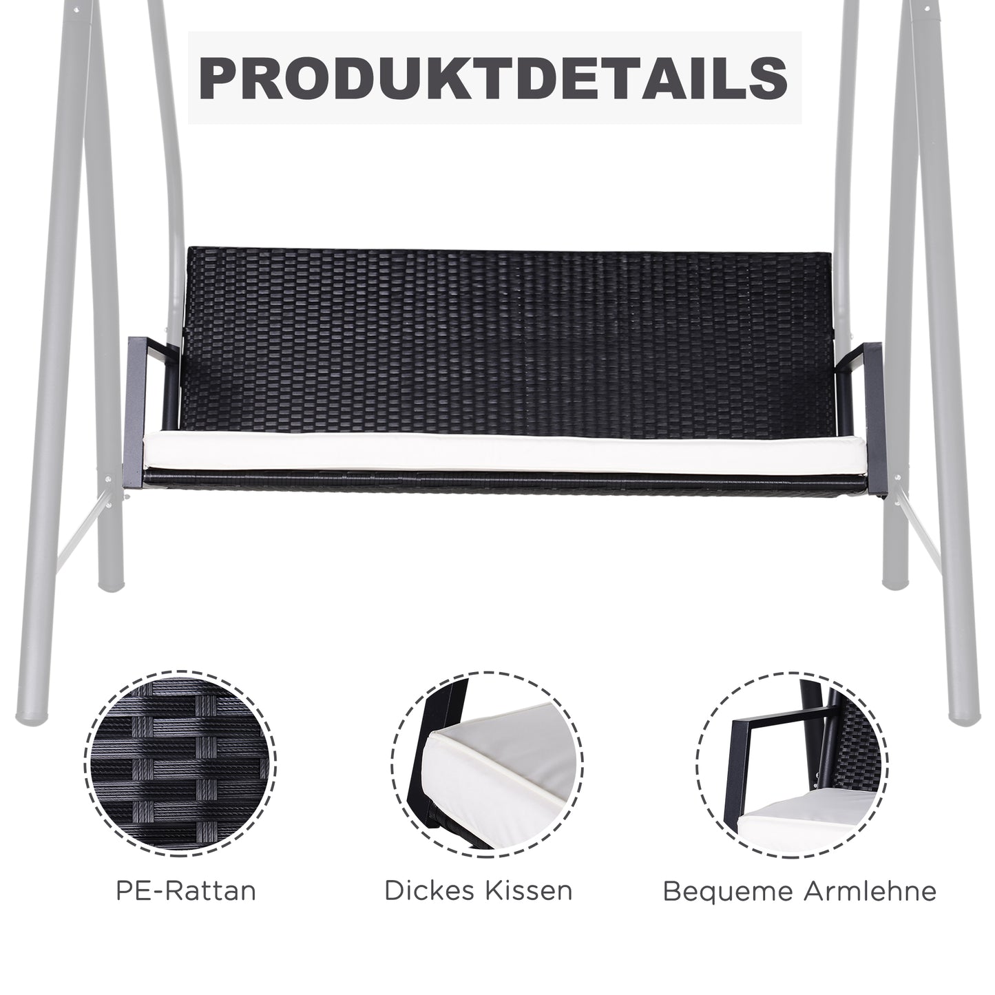 Outsunny Hollywoodschaukel 3-Sitzer aus Polyrattan Gartenschaukel mit verstellbar Sonnendach Sonnenschutz Sitzkissen Hängebank bis 360 kg belastbar Hängeschaukel für Garten 198x124x179cm Schwarz