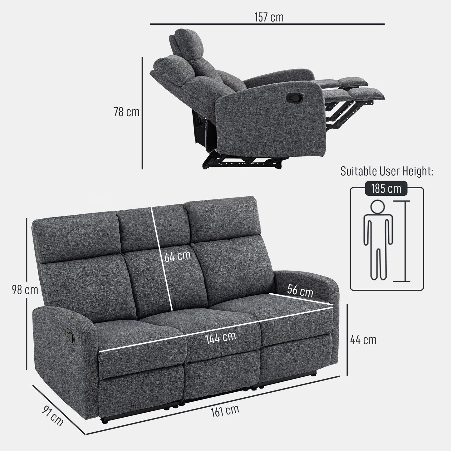 HOMCOM 3-Sitzer-Sofa, individuell verstellbare Rückenlehnen, Fußstütze, Stoffbezug, Metall, Grau
