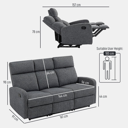 HOMCOM 3-Sitzer-Sofa, individuell verstellbare Rückenlehnen, Fußstütze, Stoffbezug, Metall, Grau