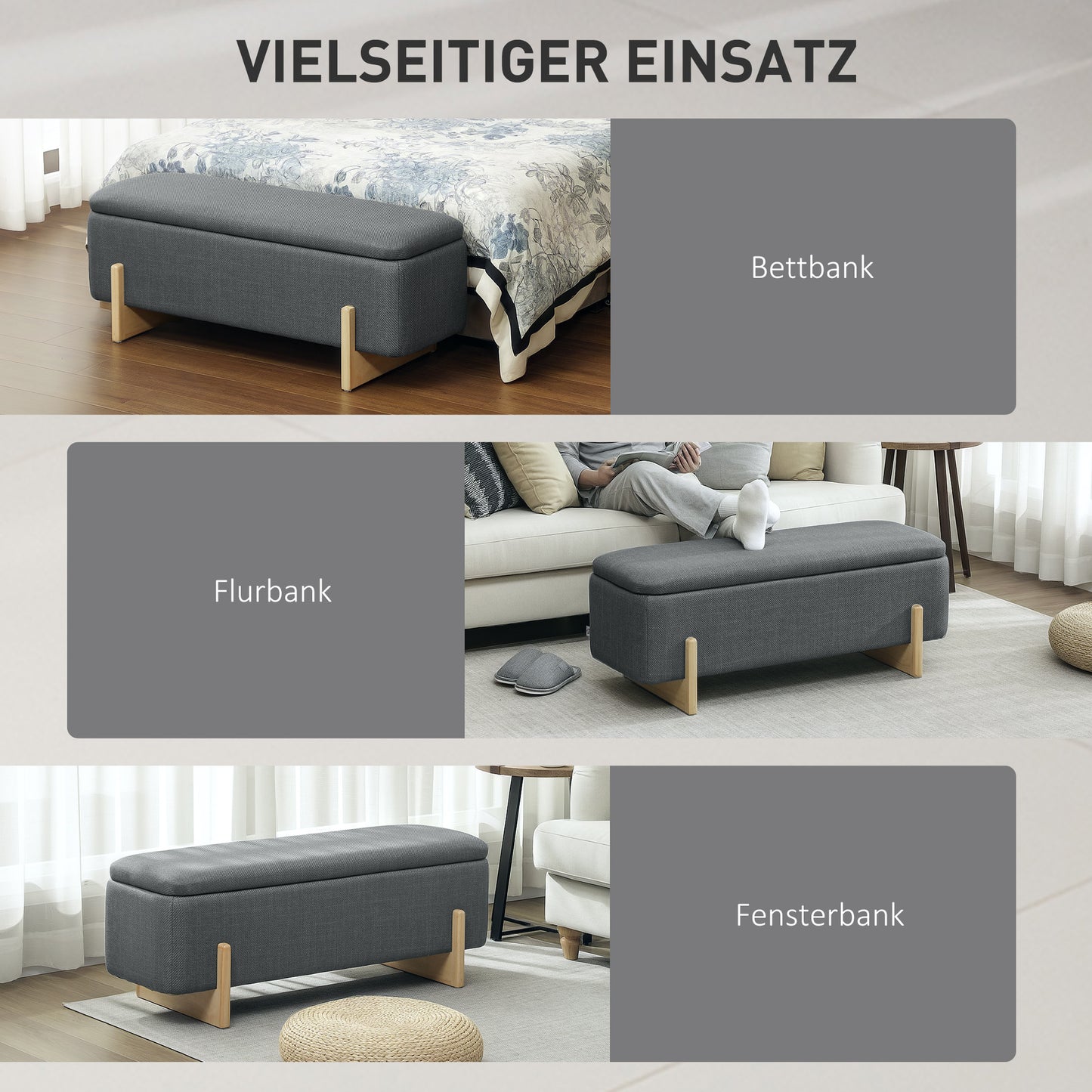 HOMCOM Hocker mit Stauraum, Sitzbank mit Schaumstoffpolsterung, Leinenimitat, 111 x 44 x 44,5 cm, Dunkelgrau