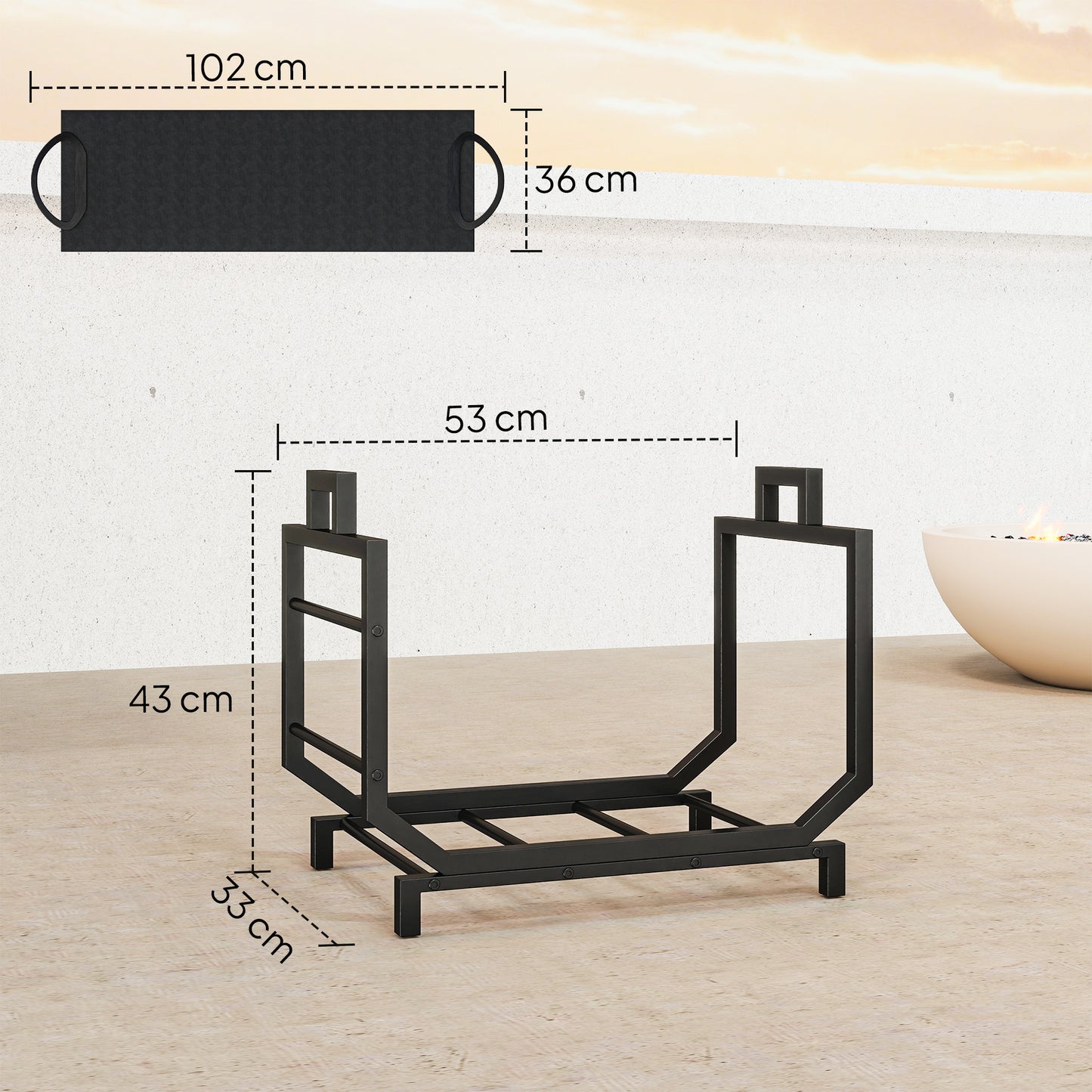 Outsunny Kaminholzregal för inomhus 53 x 33 x 43 cm Brennholzregal med Tragetasche Metall Schwarz