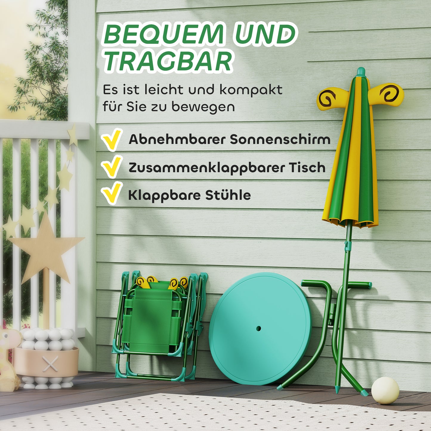 AIYAPLAY Gartenmöbel-Set für Kinder, Stühle, Tisch, Sonnenschirm, Bienen-Design, Grün+Gelb