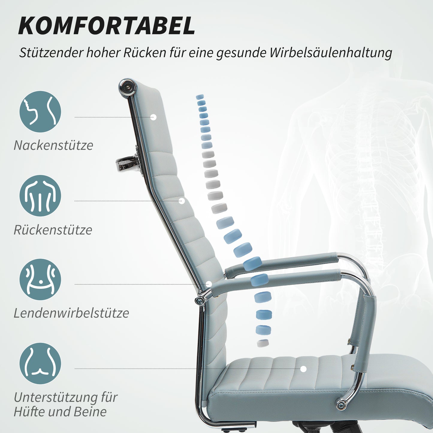 Vinsetto Bürostuhl, Drehstuhl mit Wippfunktion, höhenverstellbar, Kunstleder, bis 120 kg, Hellgrau