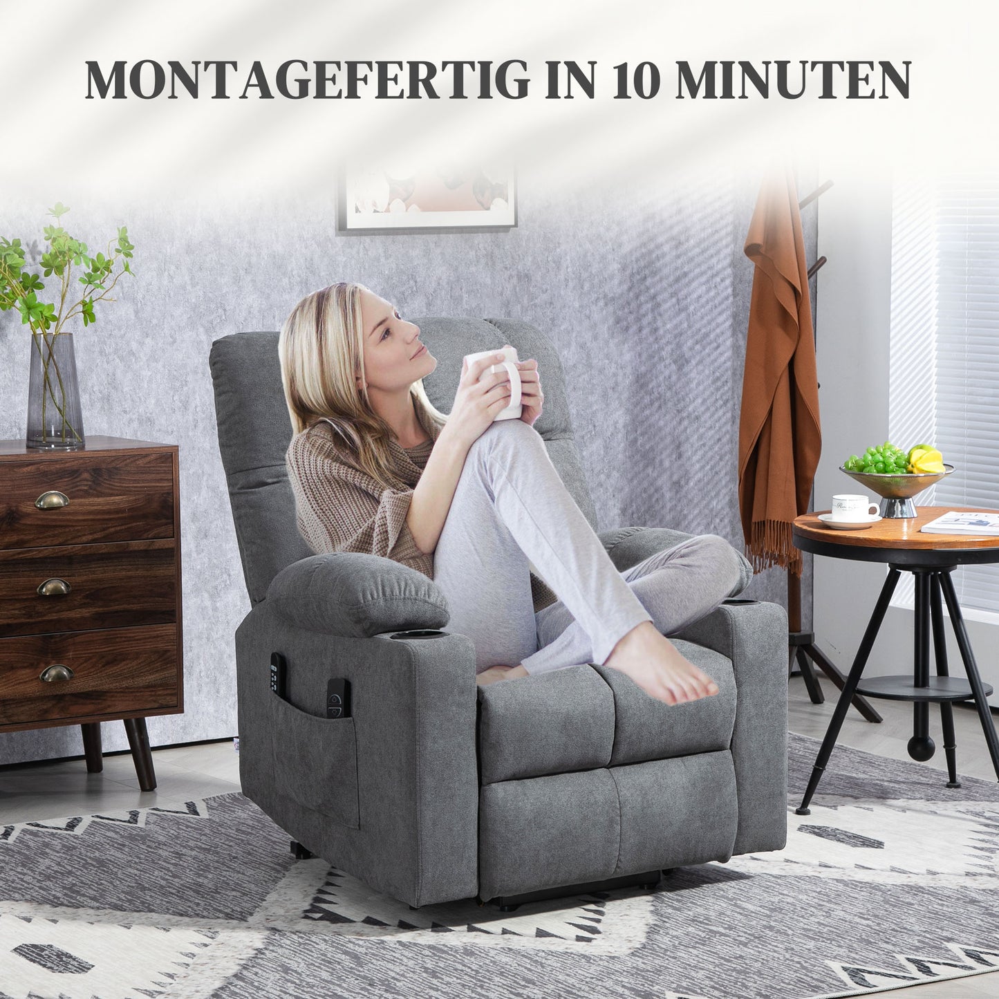 HOMCOM Aufstehhilfe Seniorensessel, Liegefunktion, inkl. Fernbedienung, 144 cm x 91 cm x 88 cm, Grau