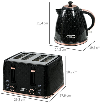 HOMCOM 2-in-1 Küchenset, Toaster und Wasserkocher, mehrere Optionen, 1,7 L, 4 Toastscheiben gleichzeitig, Kunststoff, Schwarz
