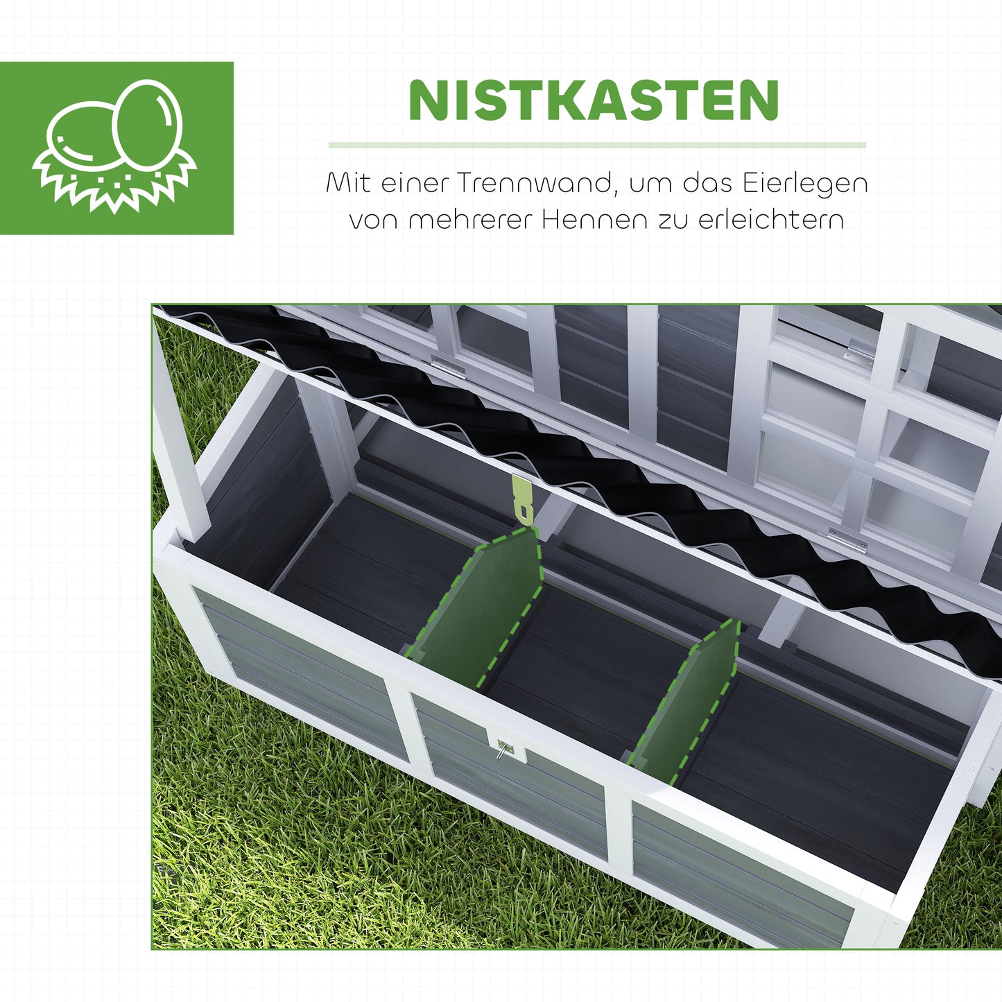 PawHut Hühnerstall mit Nestkasten für 4-6 Hühner, Wasserfestes Dach, Fichtenholz, Kunststoff, 100 x 86 x 100 cm, Hellgrau