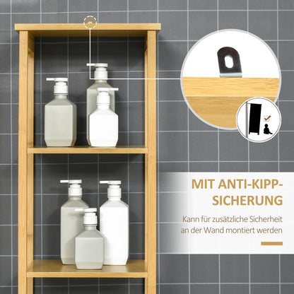 kleankin Badschrank, Hochschrank, drei Regalböden, ein Schrankfach mit Lamellentür, Kippschutz, Bambus, 34 x 30 x 173cm