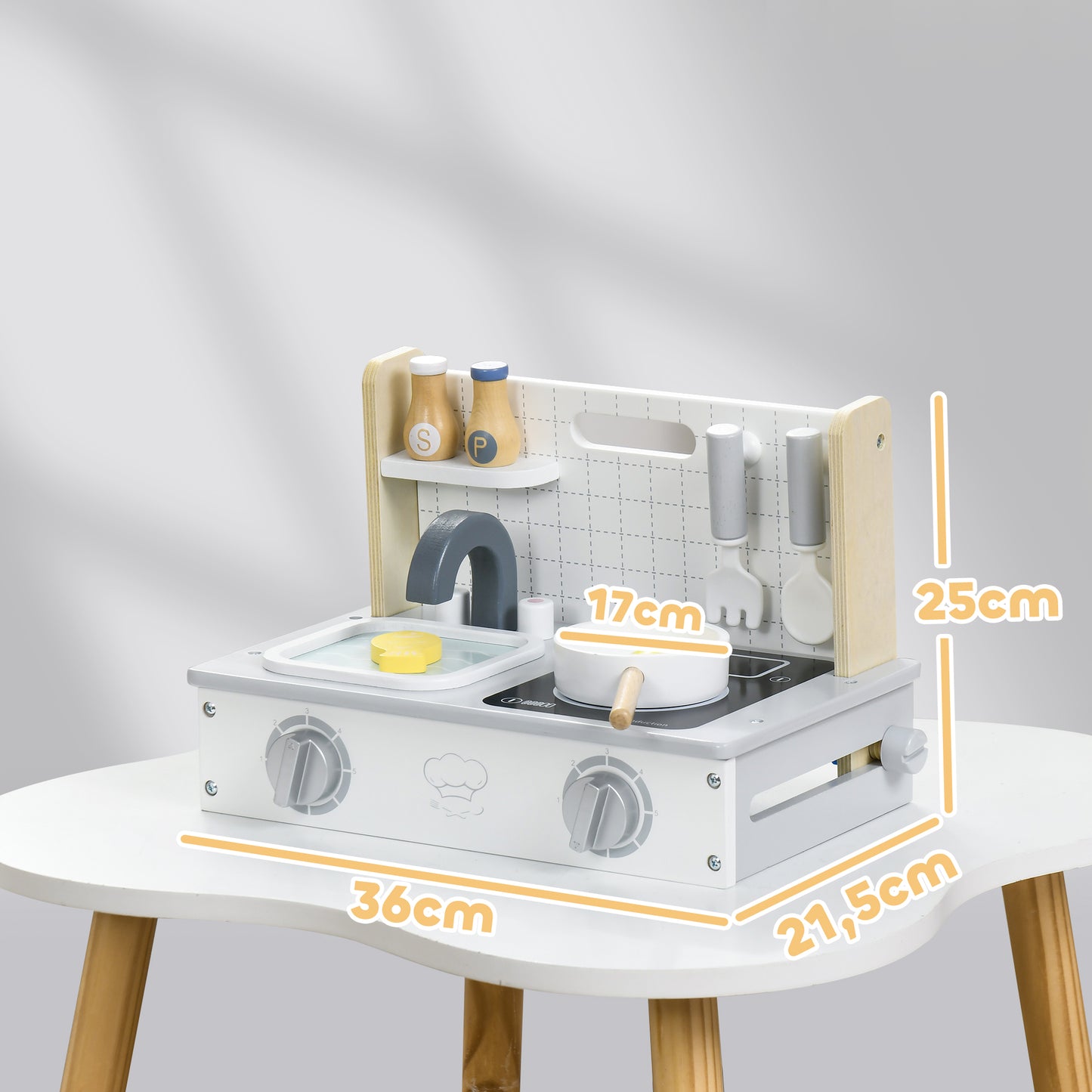 AIYAPLAY Kinderküchen-Set, 10-teilig, mit Gewürzflaschen, Topf, Ei, Fisch, 36x21,5x25 cm, Grau/Gelb