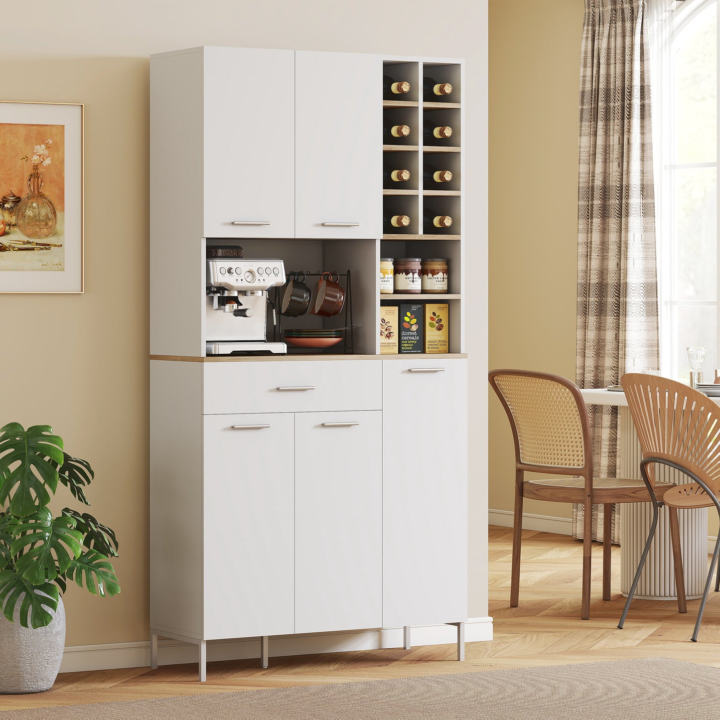 HOMCOM Küchenschrank mit offenen Regalen, Fächern, Weinregal, Vorratsschrank mit 5 Schranktüren, MDF, Weiß