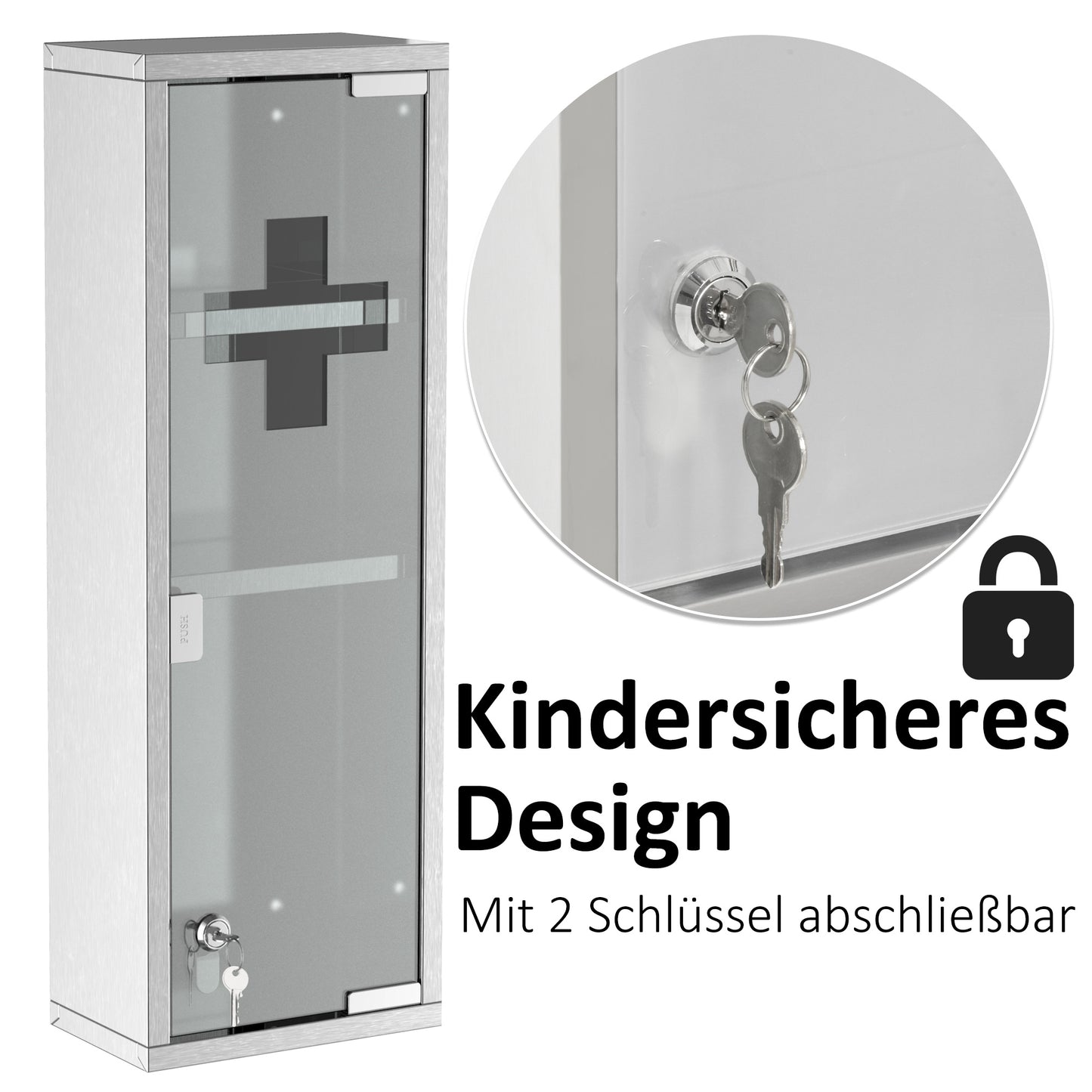 kleankin Medizinschrank aus Edelstahl und gehärtete Glastür Arzneischrank zur Medikamenten-Aufbewahrung, Abschließbar Medikamentenschrank mit 3 Fächern, Erste Hilfe Schrank, 20 x 12 x 58 cm, Silber