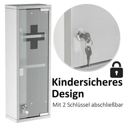 kleankin Medizinschrank aus Edelstahl und gehärtete Glastür Arzneischrank zur Medikamenten-Aufbewahrung, Abschließbar Medikamentenschrank mit 3 Fächern, Erste Hilfe Schrank, 20 x 12 x 58 cm, Silber