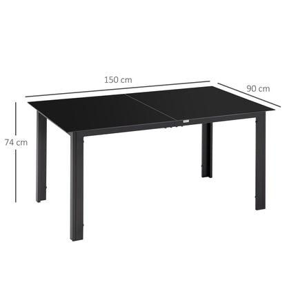 Outsunny Gartentisch für 6 Personen, wetterbeständig, gehärtetes Glas, Terrassentisch, 150 cm x 90 cm x 74 cm, Schwarz