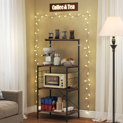 HOMCOM Küchenregal, 4-stufiges Design, Arbeitsplatte, 8 Haken, Metallrohre, Braun+Schwarz