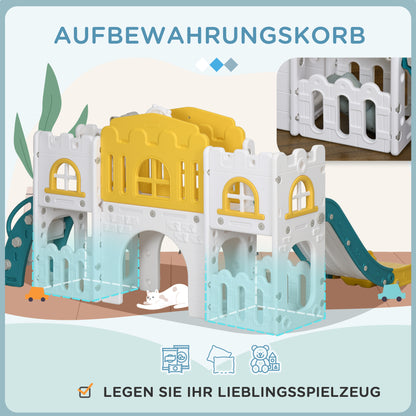 AIYAPLAY Kinderrutsche, 7-in-1 Spielgerüst, mit Basketball & Lenkrad, für 1-3 Jahre, 178x177x99cm, Gelb/Weiß/Grün