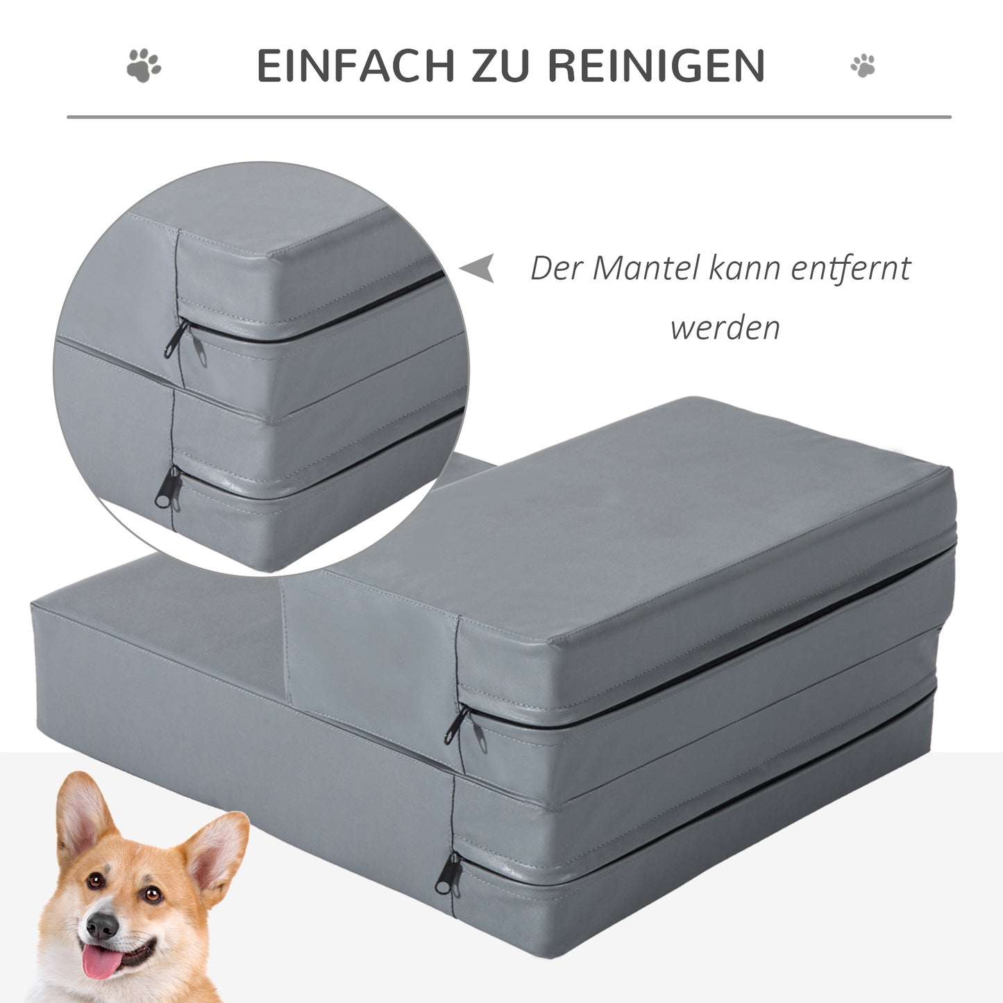 PawHut Haustiertreppe Tierunterlage 2 Stufen Klappbar bis 7 kg Hundetreppe Treppe Unterlage für Katzen und Hunde Grau L45 x B39 x H20 cm