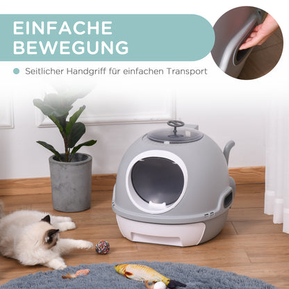 PawHut Katzentoilette mit Dachfenster, Katzenklo mit Bodenschale, mit Schaufel, Tragbar, PP ABS, Grau, 47 x 55 x 44 cm