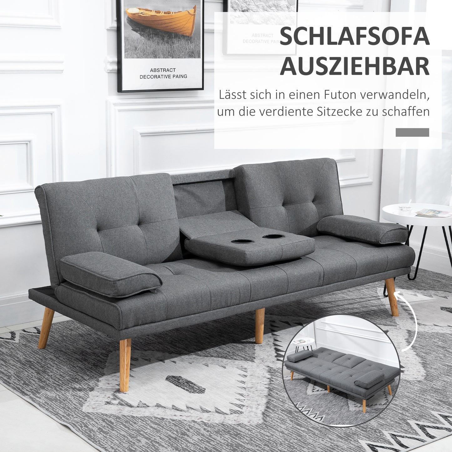 HOMCOM Schlafsofa im Skandi-Design, 3-Sitzer-Sofa, 2 Kissen, Grau + Natur