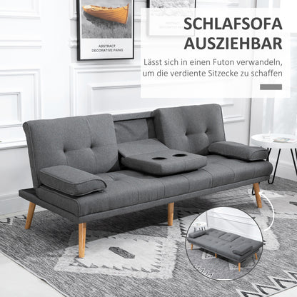 HOMCOM Schlafsofa im Skandi-Design, 3-Sitzer-Sofa, 2 Kissen, Grau + Natur