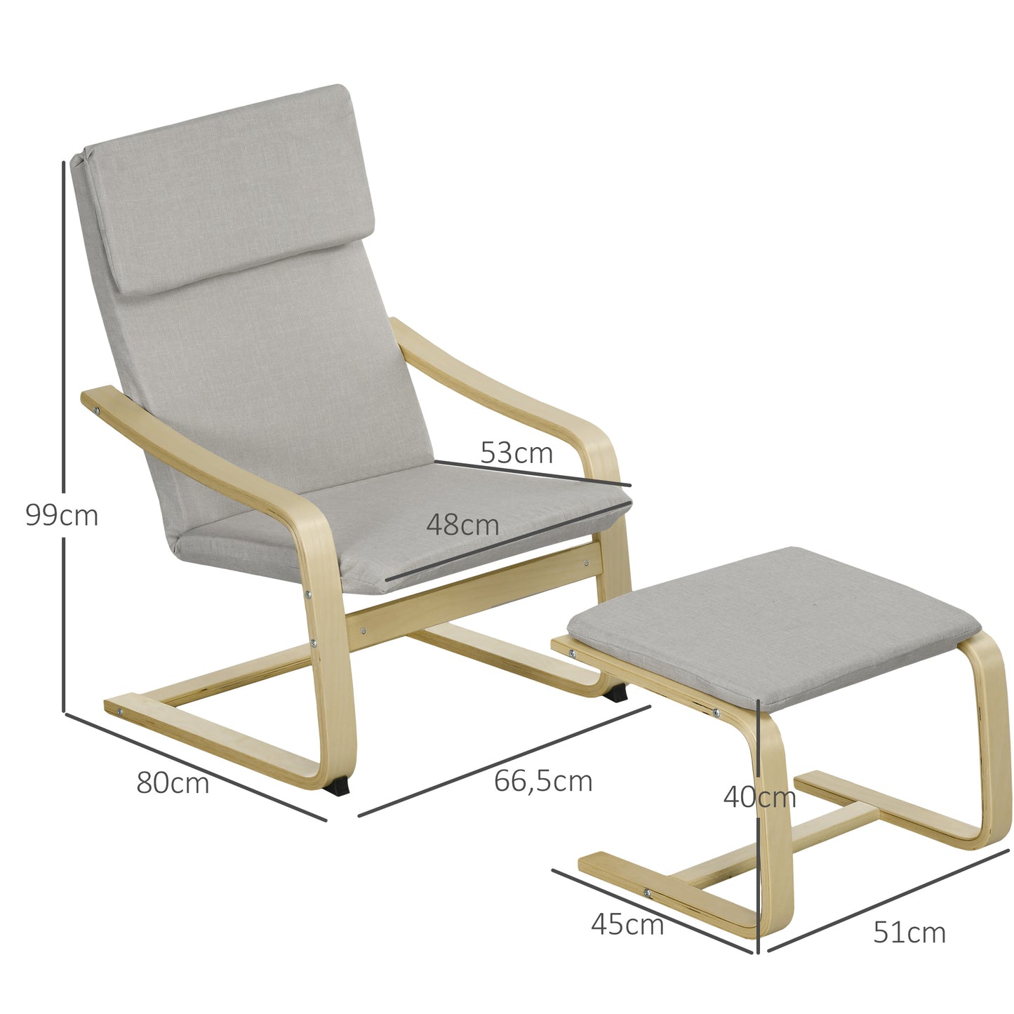 HOMCOM Loungesessel mit Hocker, Bezug in Leinenoptik, Holzrahmen, bis 120 kg, Hellgrau/Natur