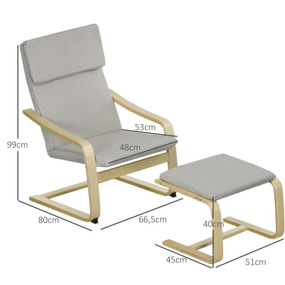 HOMCOM Loungesessel mit Hocker, Bezug in Leinenoptik, Holzrahmen, bis 120 kg, Hellgrau/Natur