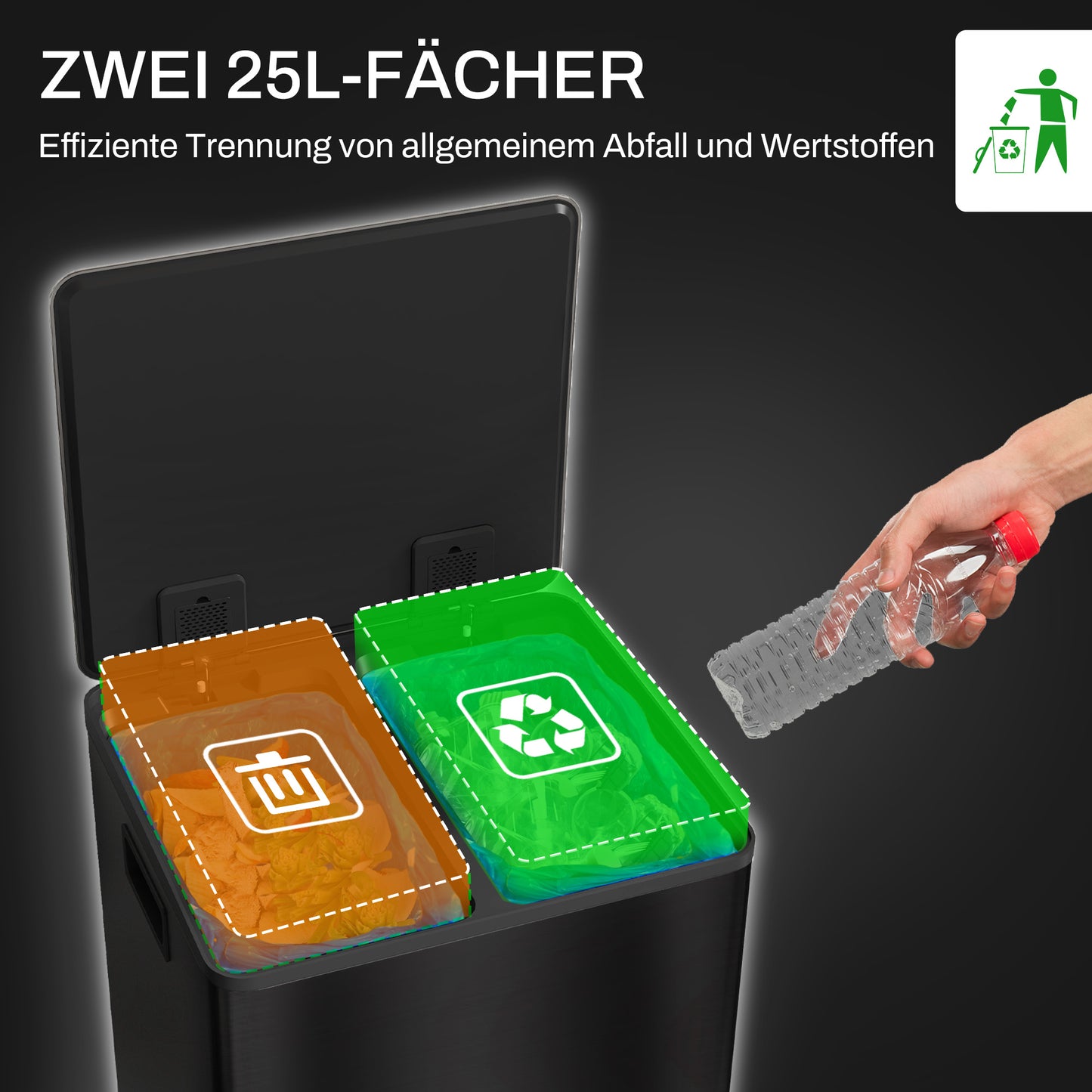 HOMCOM Mülleimer mit 2x25L Fächern, Soft-Close-Deckel, Fingerabdrucksicher, Edelstahl, Schwarz