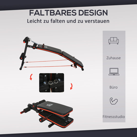 HOMCOM Sit Up Bank Bauchtrainer mit Trainingsseile Trainingsbank Multifunktion Verstellbar&klappbar 110 kg Belastbarkeit Stahl Schwarz+Rot 137 x 51 x 50-66 cm