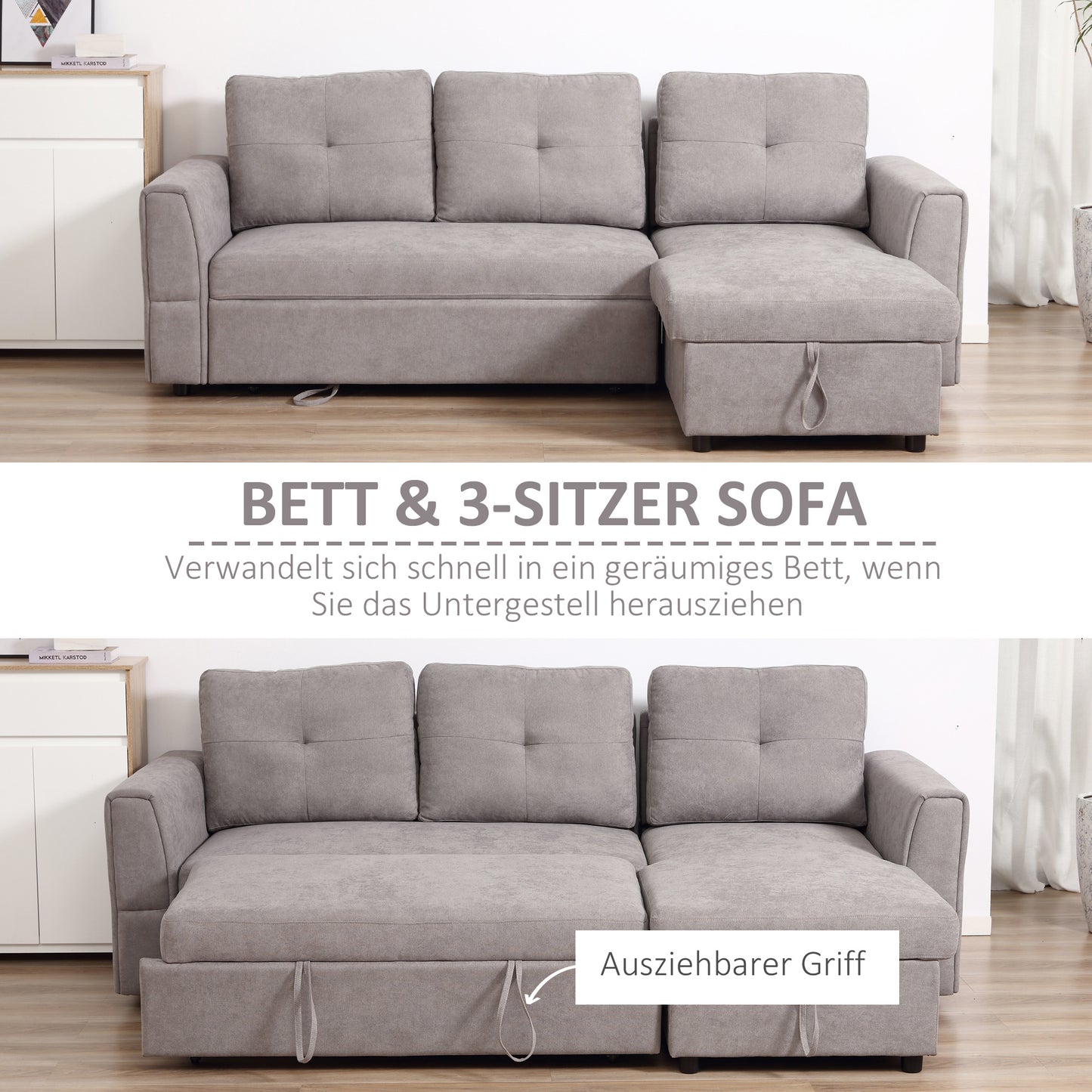 HOMCOM 3-Sitzer-Sofa mit Bettfunktion, Schlafsofa mit Chaiselongue, Polstersofa, Grau