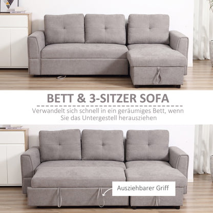 HOMCOM 3-Sitzer-Sofa mit Bettfunktion, Schlafsofa mit Chaiselongue, Polstersofa, Grau