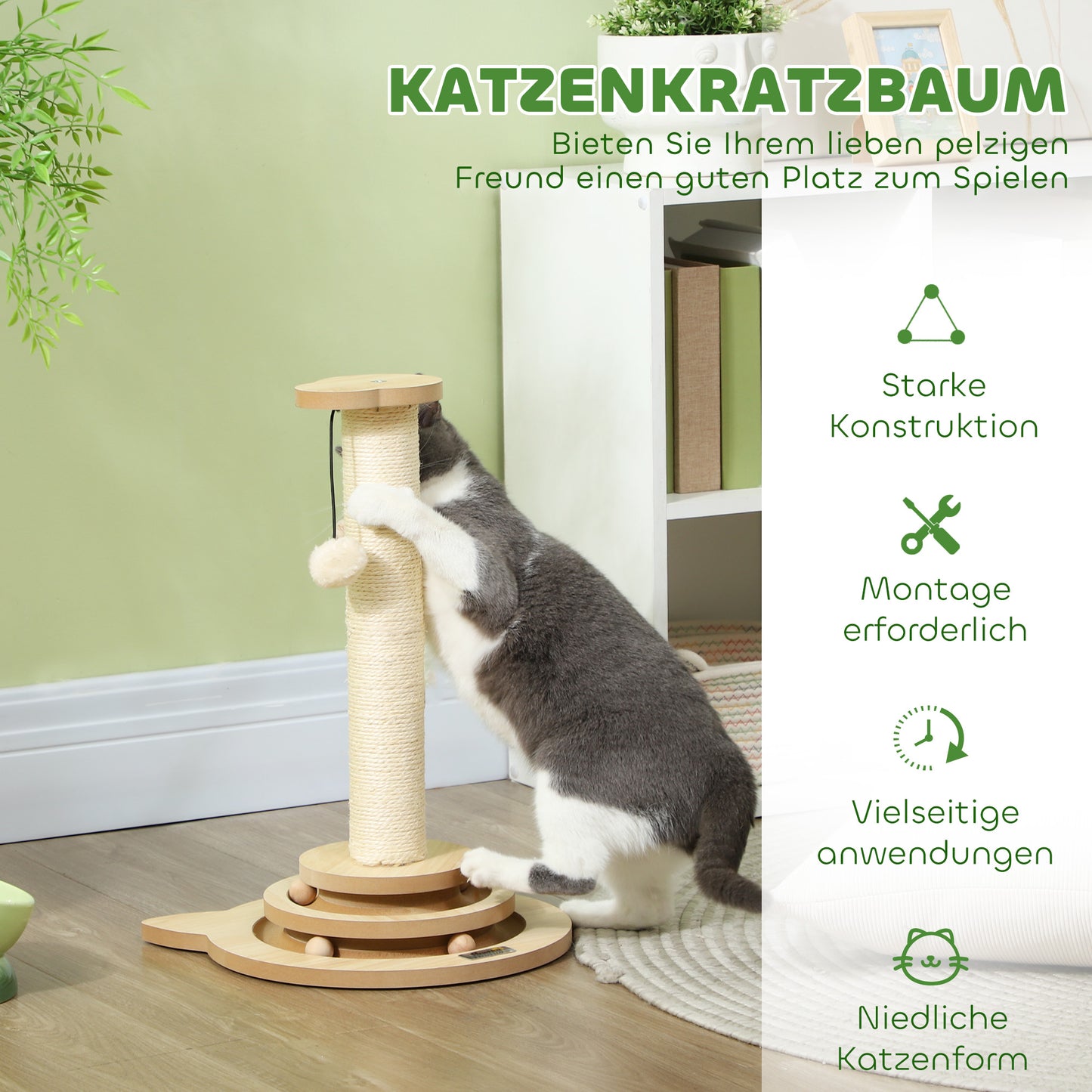 PawHut Katzen-Kratzbaum, 49 cm, Sisal-Kratzpfosten, Kugelbahn, Spielball, Spielfeder, 4-in-1-Design, Eiche, Weiß