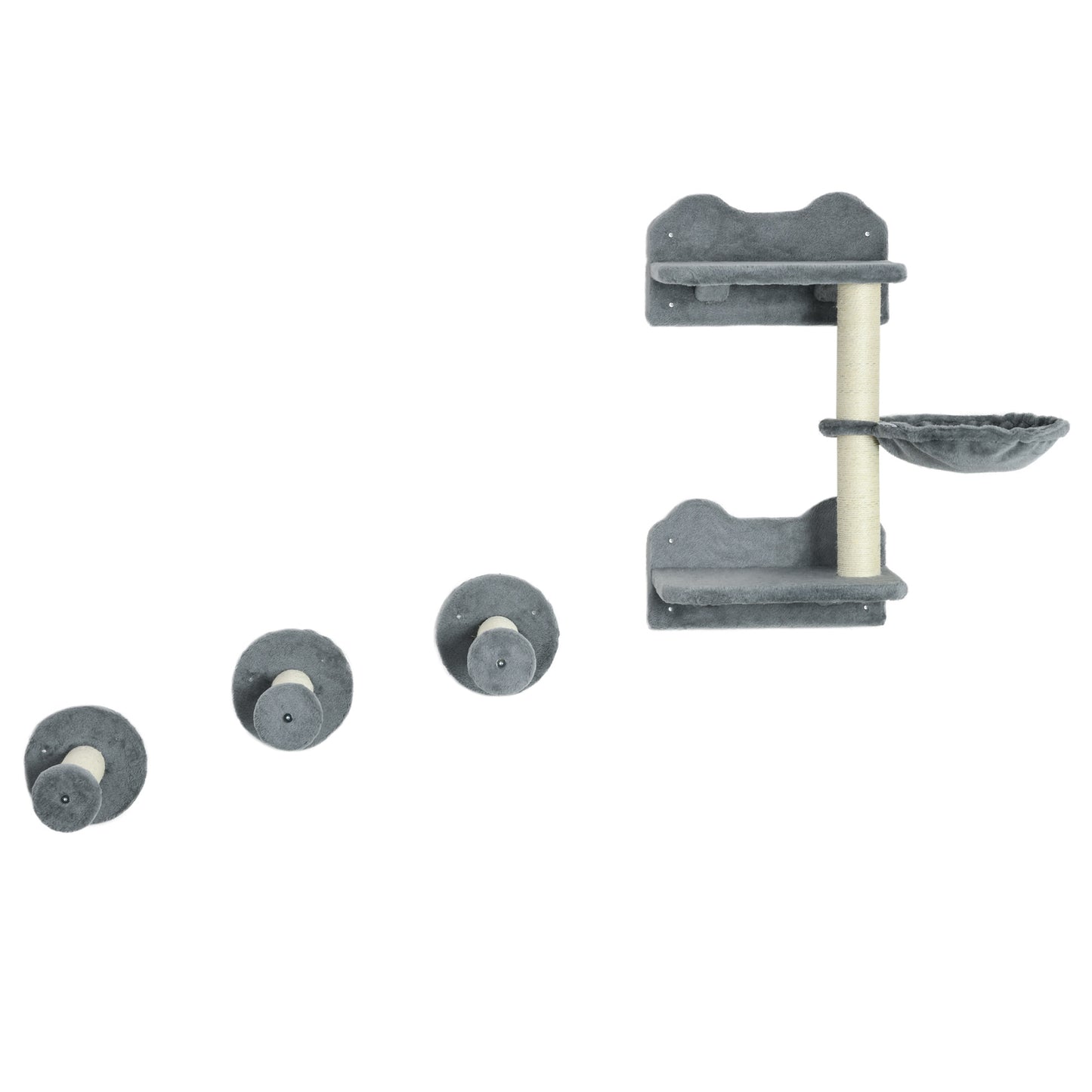 PawHut Kletterstufen, Kletterwand, Katzentreppe, 4-tlg. Set, mit Kratzbaum, Hängematte, grau+cremeweiß, 40 x 28 x 73cm