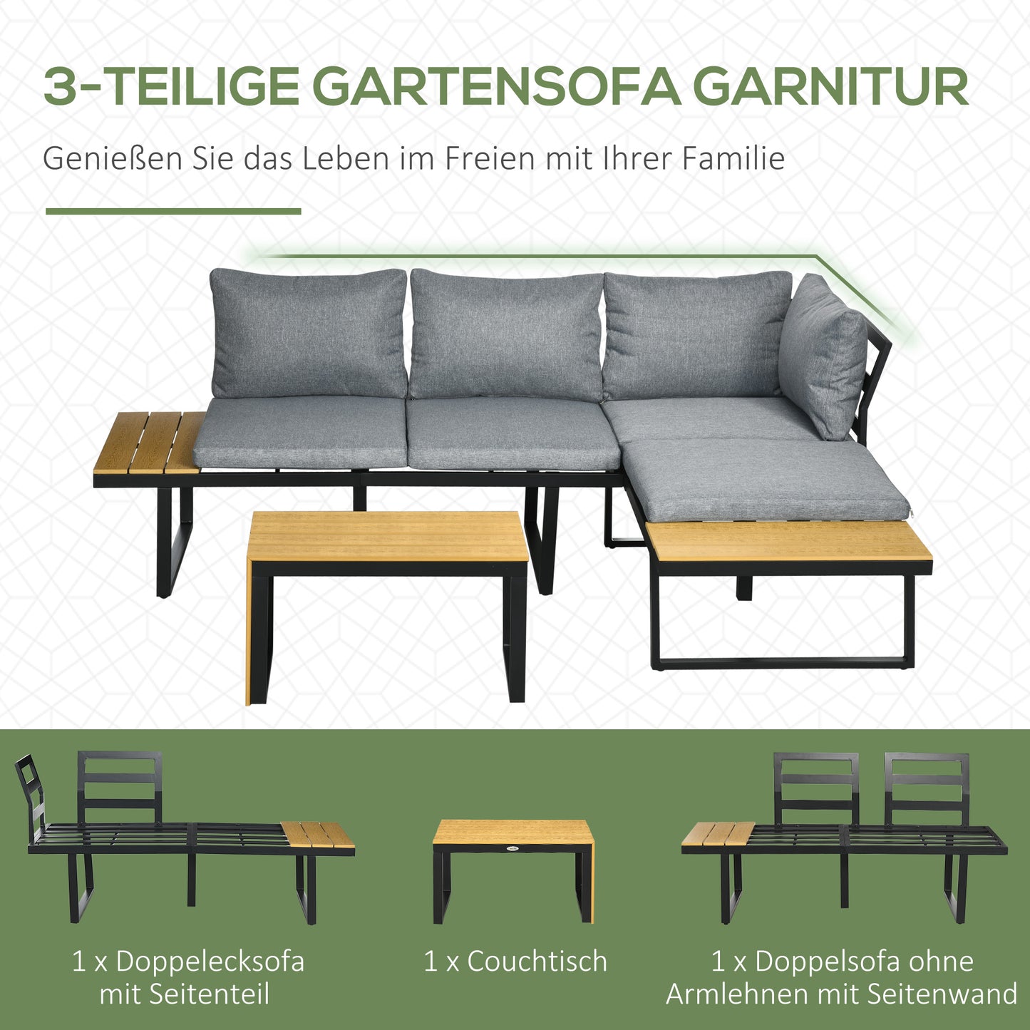 Outsunny Gartenmöbel-Set für 3 Personen Balkonmöbel mit Sitzkissen, Aluminiumrahmen, Holzoptik, Dunkelgrau+Natur