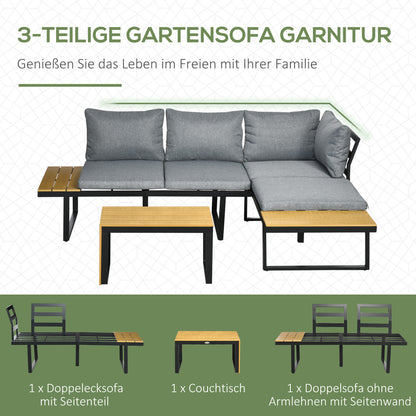 Outsunny Gartenmöbel-Set für 3 Personen Balkonmöbel mit Sitzkissen, Aluminiumrahmen, Holzoptik, Dunkelgrau+Natur