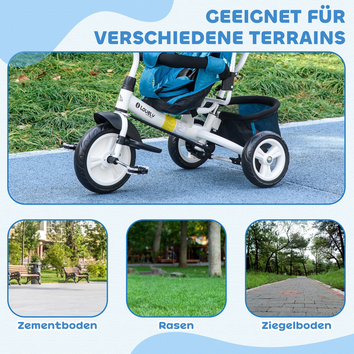 HOMCOM Kinder-Dreirad, Kinderfahrrad, Rückenkorb, Becherhalter, Sonnendach, Metall, Blau
