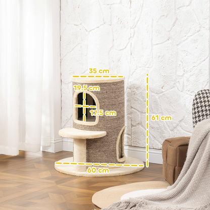 PawHut Katzenfass, Kratzbaum mit 2 Ebenen, Sprungplattform, Aussichtspunkt, Kratzmatte, zum Ausruhen und Spielen, Beige