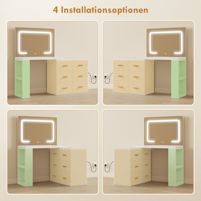 HOMCOM Schminktisch mit verstellbarem LED-Spiegel, Steckdosen, 6 Schubladen, 2 offene Regale, Weiß