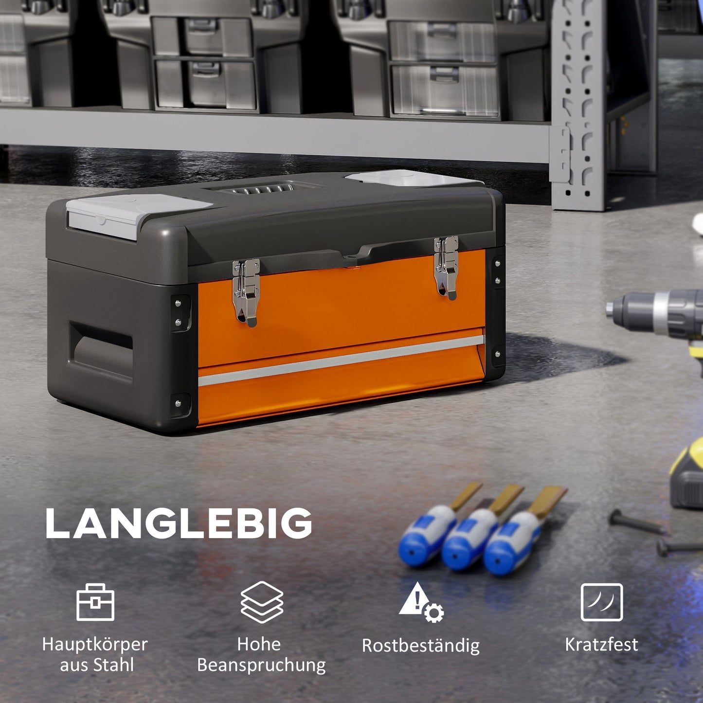 HOMCOM Werkzeugkiste leer, 49,7 x 25,3 x 23 cm Werkzeugkasten mit Schublade, Mini-Box Stahl Orange