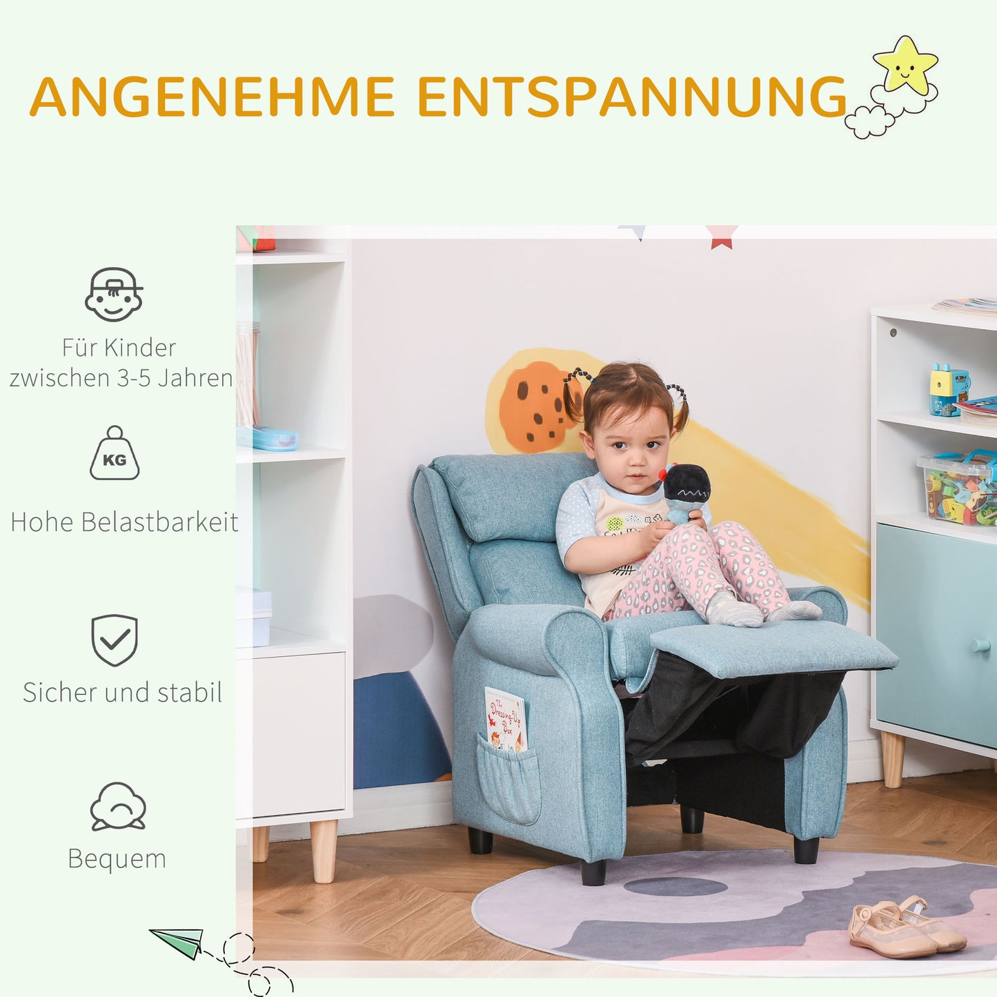 HOMCOM Kindersofa Kindercouch Kindersessel Stuhl Liegesofa verstellbar mit Fußstütze für 3-5 Jahre Jungen und Mädchen Blau 58 x 53 x 70 cm
