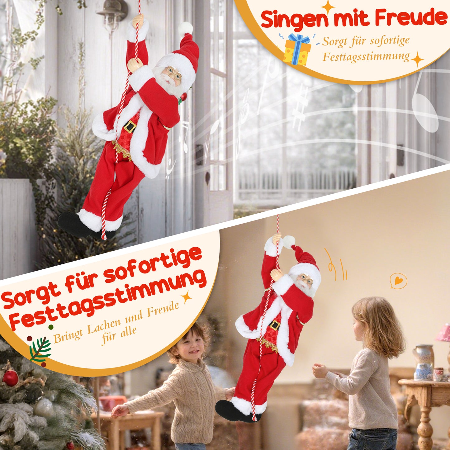 HOMCOM Weihnachtsmann 60 cm Singend und Kletternd Weihnachtsmann mit Geschenk Seil Soundfunktion Indoor, Rot