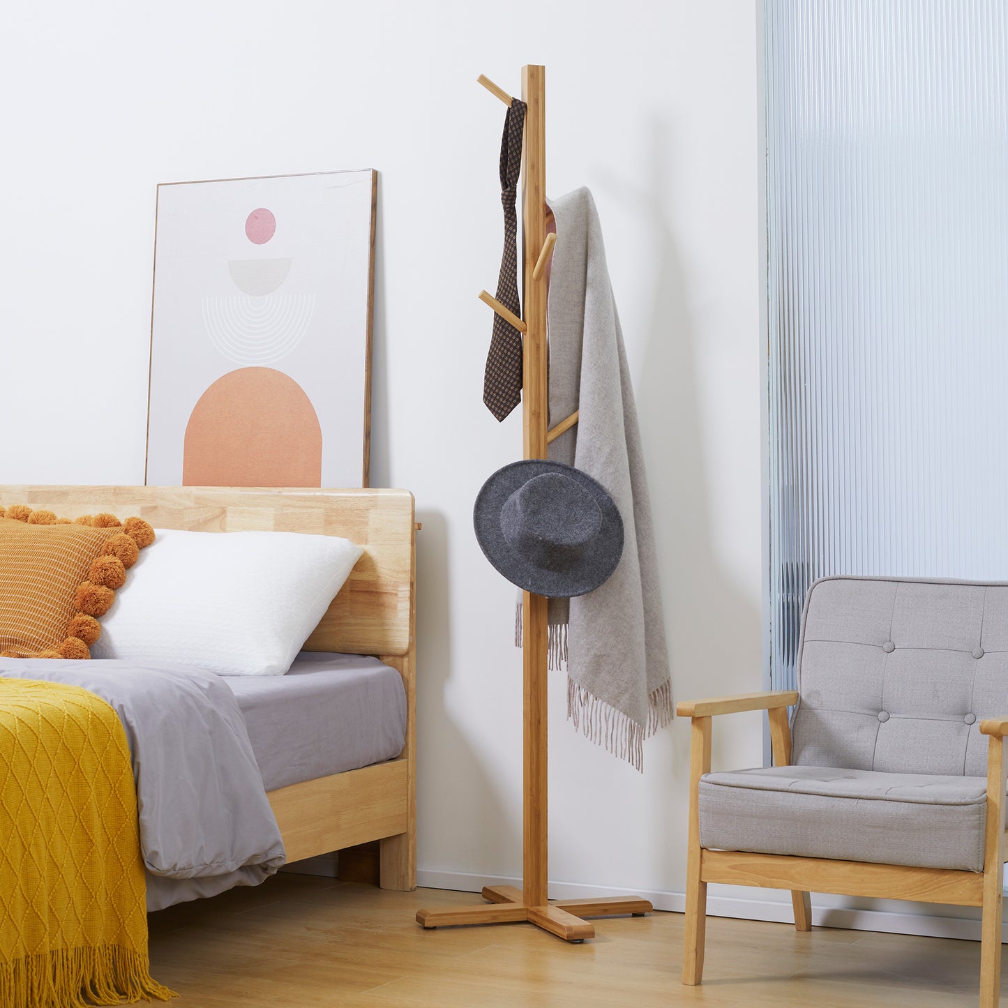 HOMCOM Garderobe Kleiderständer Hutständer, 8 Haken, 49,5 cm x 49,5 cm x 178 cm, Natur