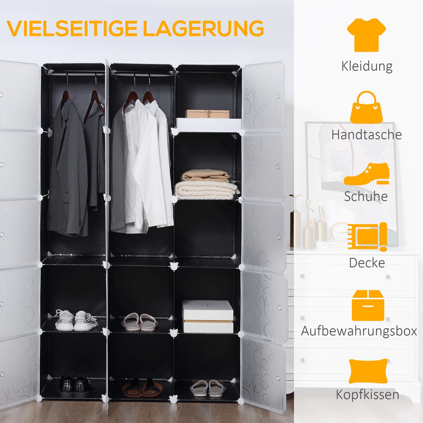 HOMCOM Kleiderschrank im Würfeldesign, 2 große und 9 kleine Würfel, Kunststoff, Metall, 111L x 47B x 183H cm, Schwarz+Weiß