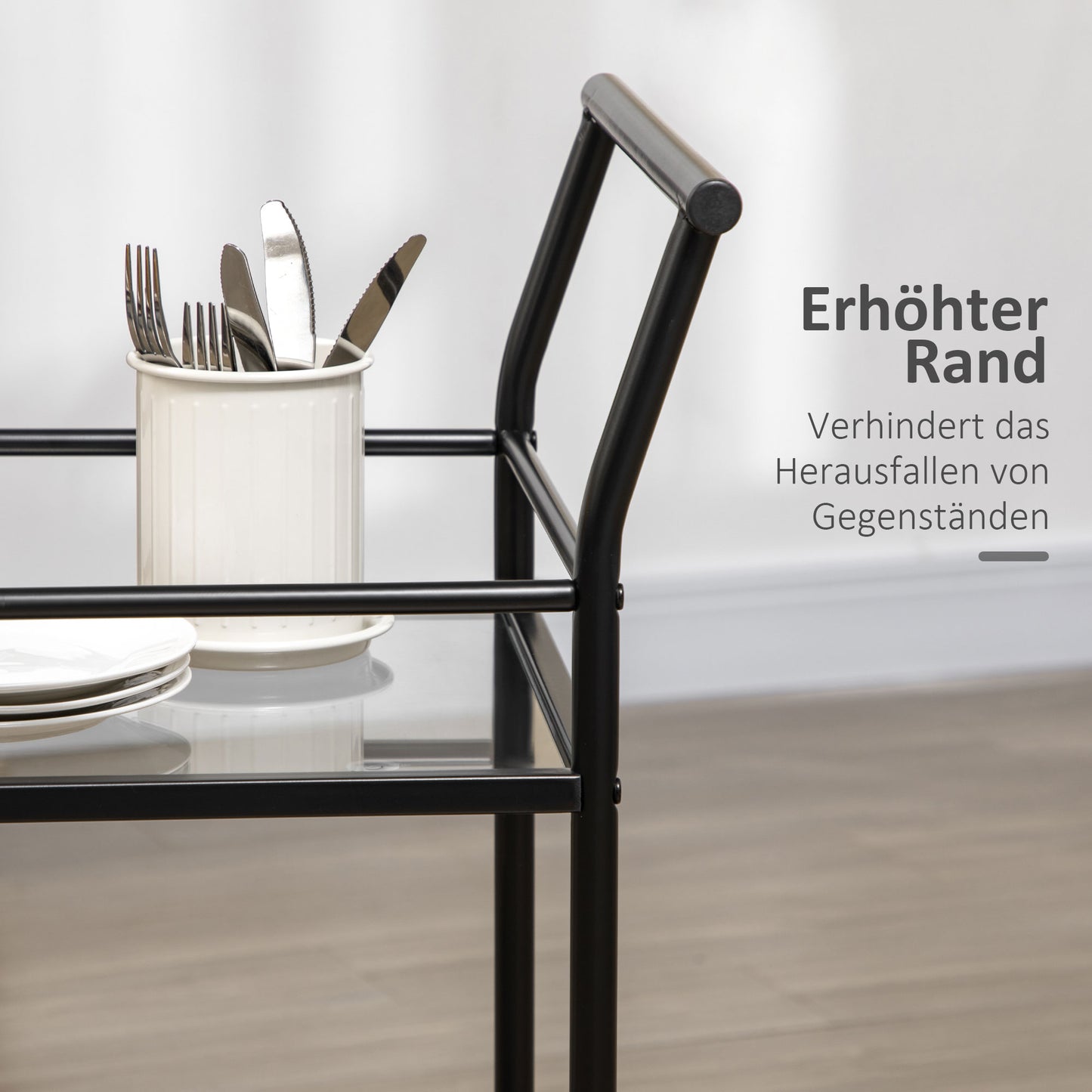 HOMCOM Küchenwagen mit 4 Rollen, 2 Ablagen und Griffen, 75 cm x 40 cm x 80 cm, Schwarz