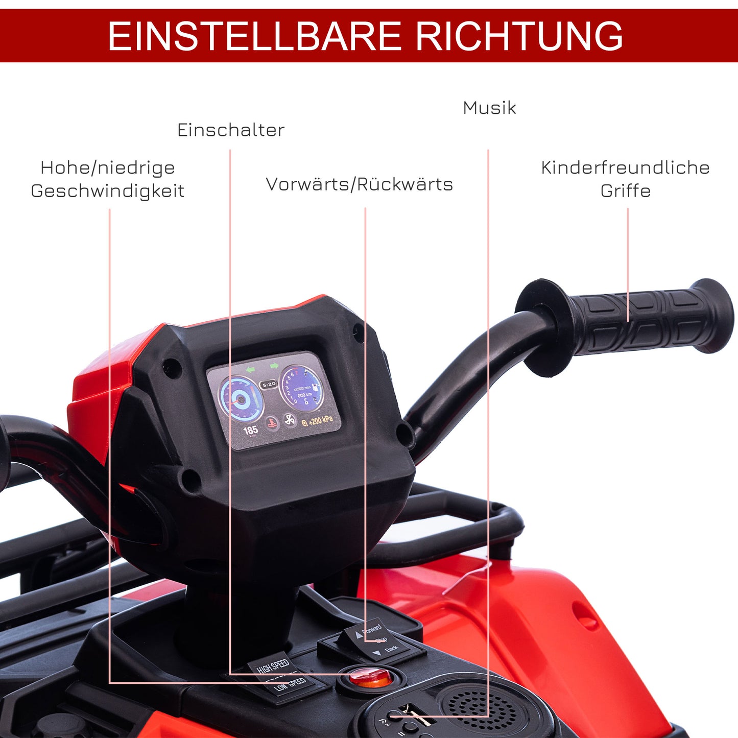 HOMCOM Kinder-Elektroquad, max. 4 km/h, ab 3 Jahren, LED-Scheinwerfer, Musikanschluss, schwarz+rot 88 x 45 x 50 cm