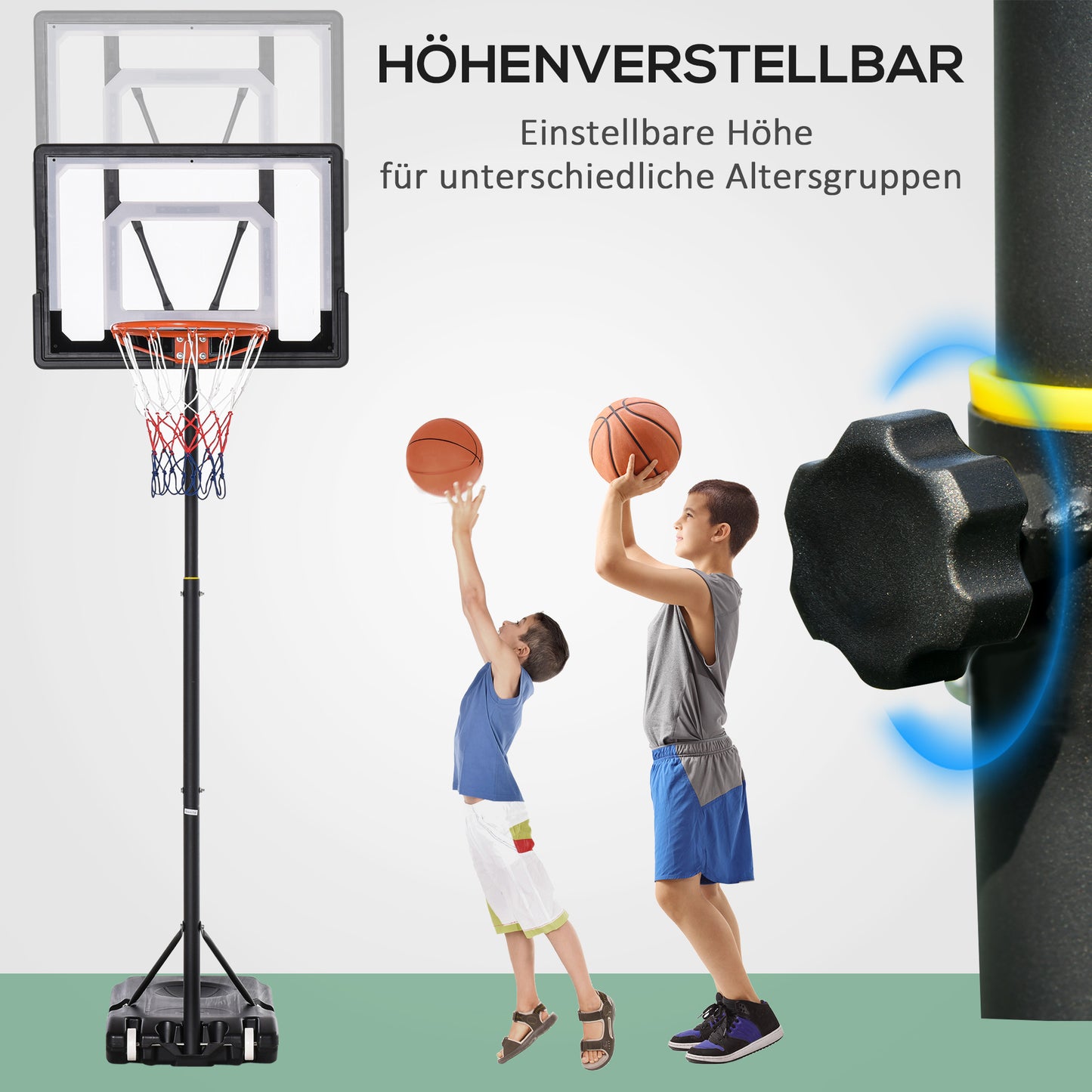 HOMCOM Basketballständer mit Rollen 83x55cm Rückwand, Mobiler Basketballkorb mit Ständer, verstellbare Korbhöhe 156 bis 210 cm, Basketballanlage für Kinder Jugendliche, fürs Außenbereich