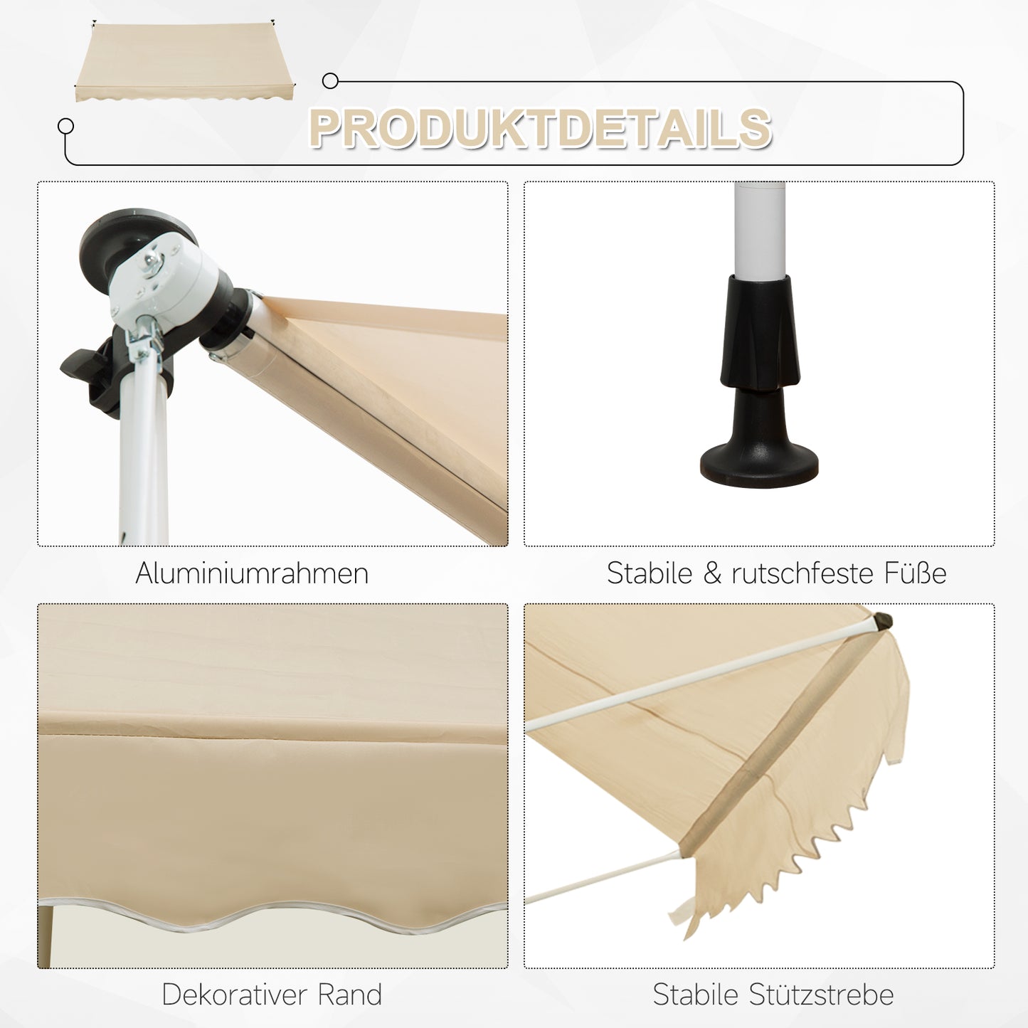 Outsunny Klemmmarkise mit Handkurbel höhenverstellbar Gelenkarmmarkise schmutzabweisend, witterungsbeständig Balkonmarkise 150cm breit Terrassenmarkise für Terrasse Balkon Veranda Beige