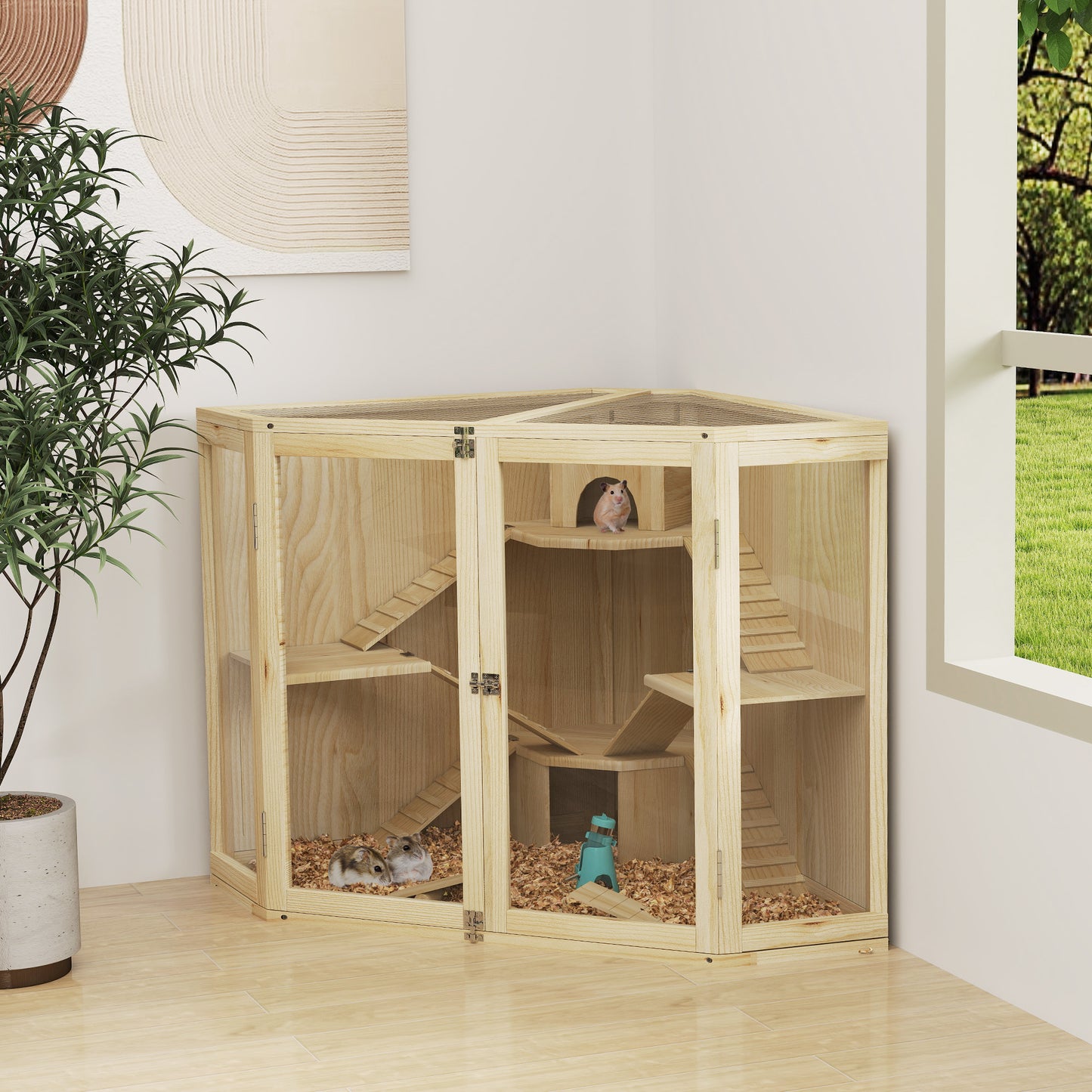 PawHut Hamsterkäfig, 4-Ebenen-Design, mit Fütterungsstation, Wippe, Rampe, Hütten, 115 x 69,5 x 79 cm, Holz