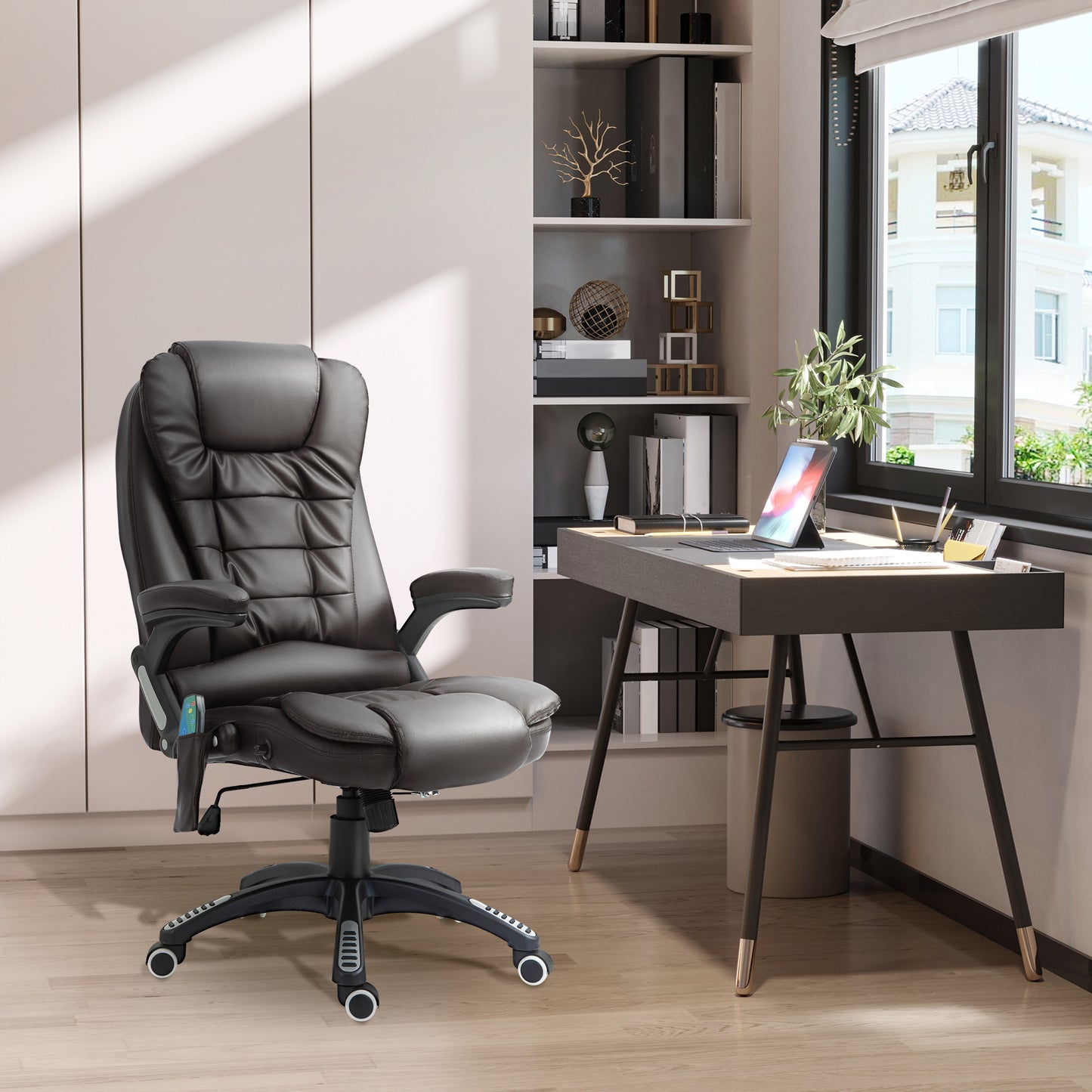 HOMCOM Bürostuhl mit Massagefunktion Ergonomischer Chefsessel mit Heizfunktion, Liegefunktion, Wippfunktion, Höhenverstellbar 360° Drehbar Schreibtischstuhl, Kunstleder, Braun